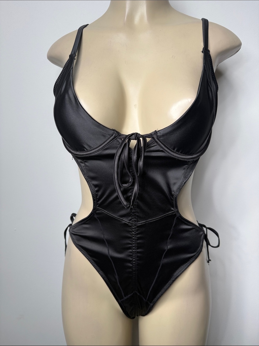 Frederick's of Hollywood Black Satin Cutout Teddy